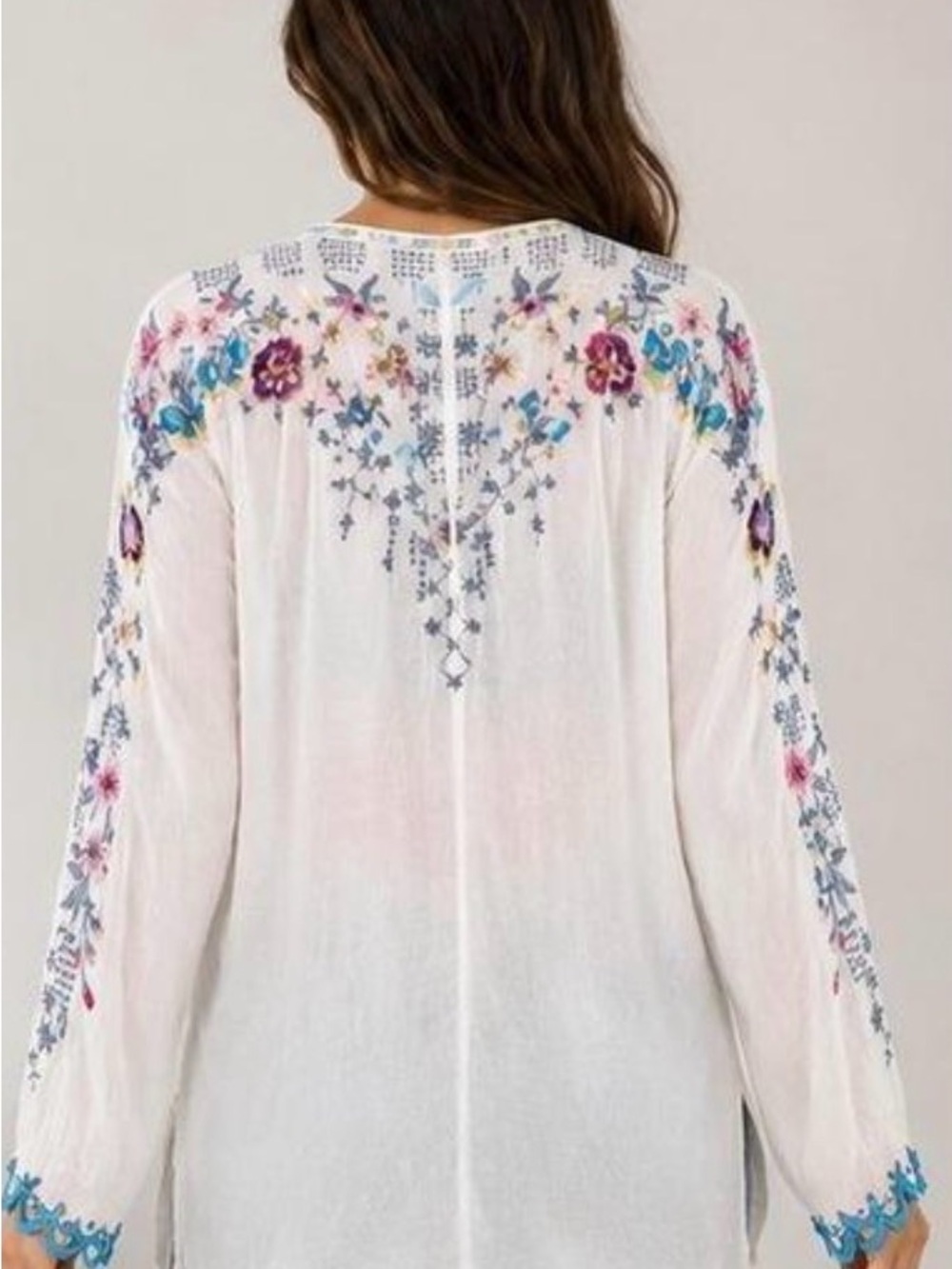 Johnny Was Butterfly Winter Embroidered Blouse White Boho Tunic size L - Picture 3 of 12